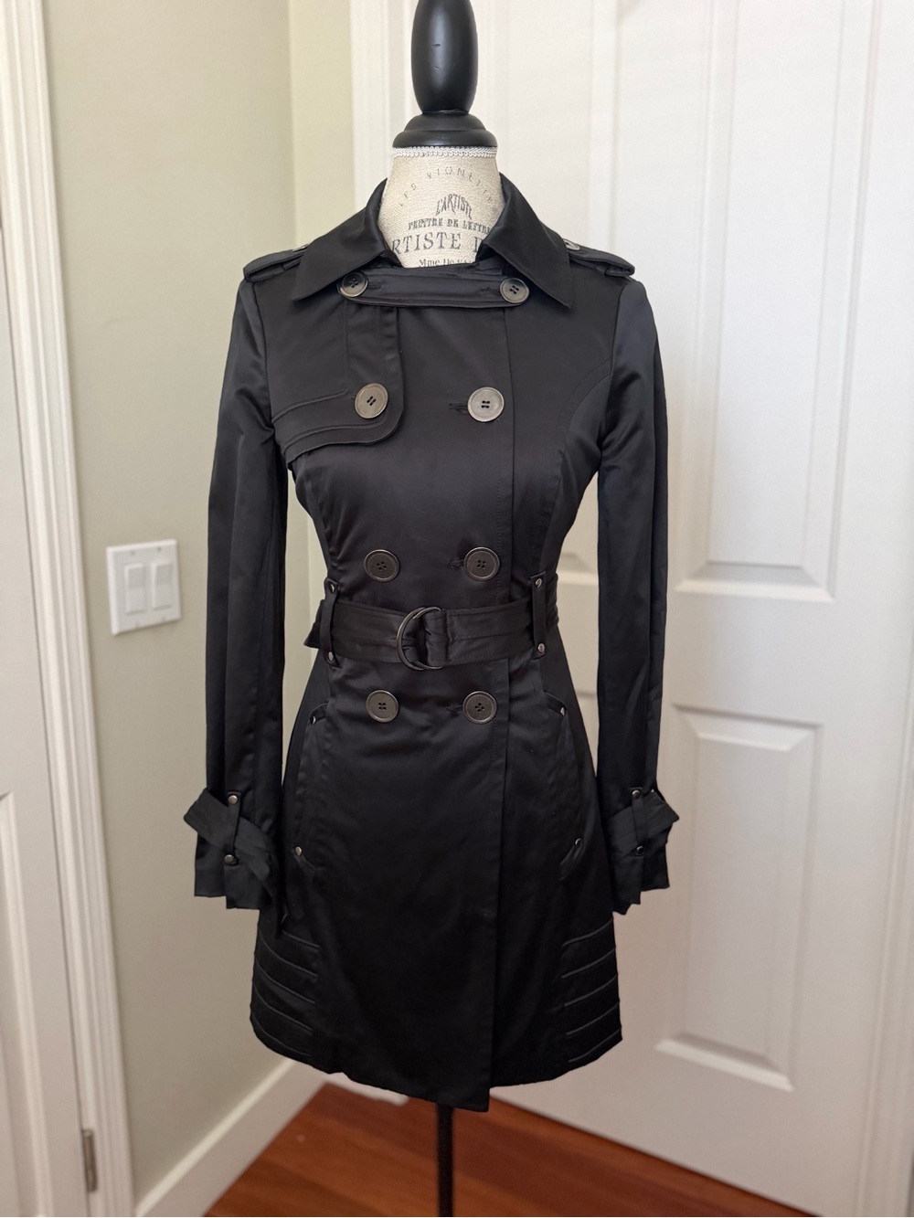 bebe Black Double-Breasted Trench Coat with Belted Waist